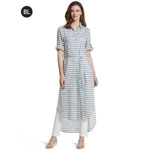 Chico's Black Label Sz 1 S Maxi Shirt 100% Cotton Chambray Stripe Nautical Beach